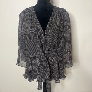 Adrianna Papell Women’s Brown Tan Polka Dot V~Neck Tie Ruffle Silk Blouse Sz 16W